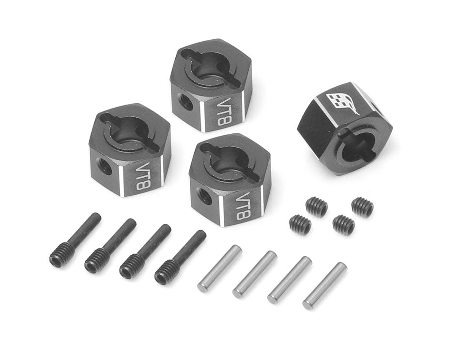 Boom Racing ProBuild™ VT8 12mm Aluminum Hex Adapters (8mm Wide) fits M5 & M4 Shaft Threads w/ Pin Screws & Set Screws with Pins (4)